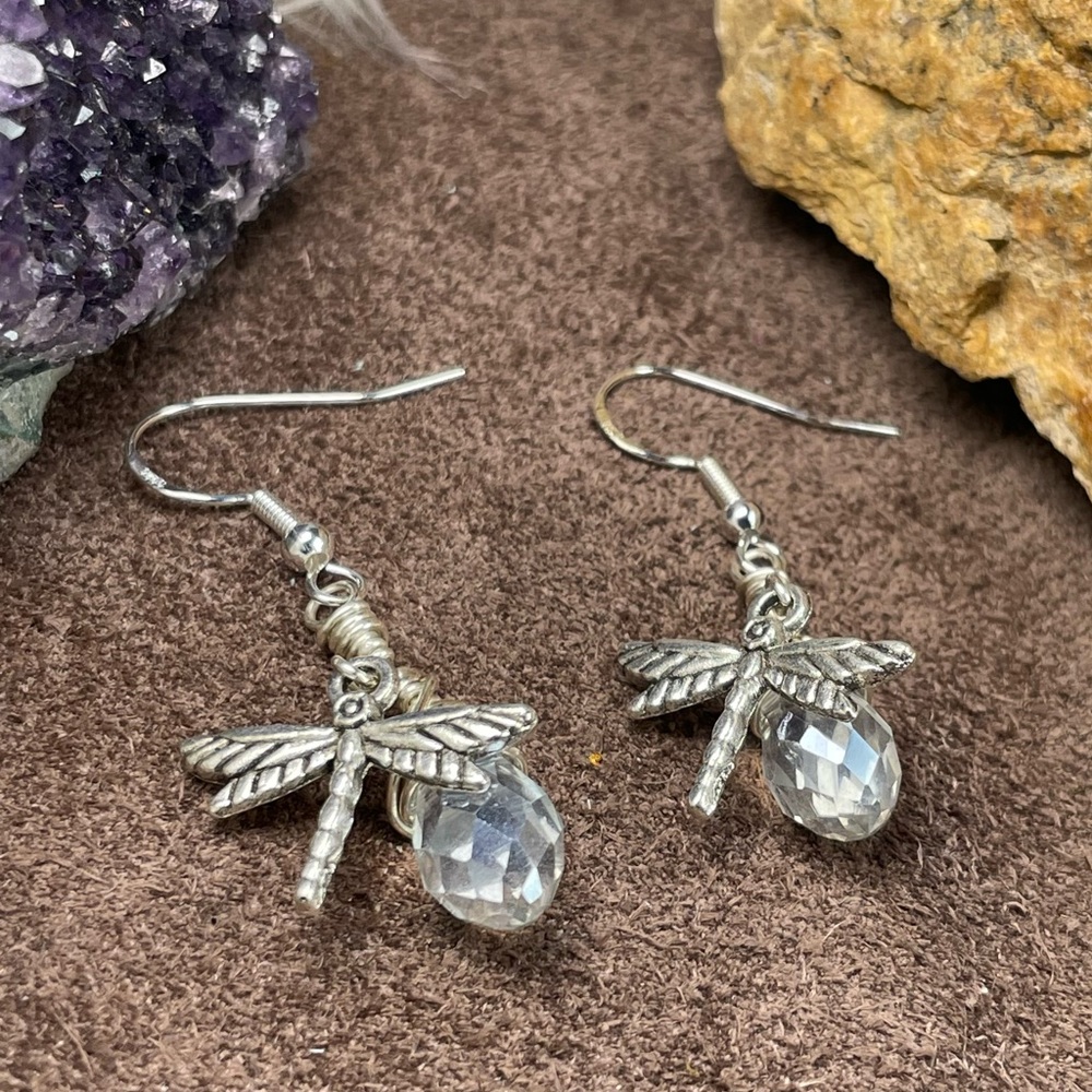 Handmade Silver Sparkling 
Crystal Dragonfly 
Earrings Boho Cottagecore - Picture 7 of 17
